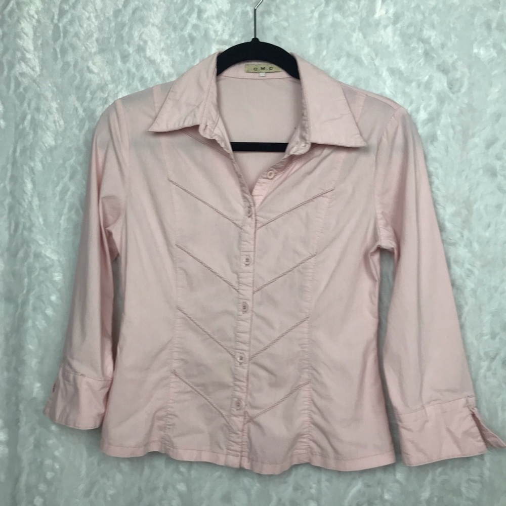 O.M.C pink button down career blouse front design